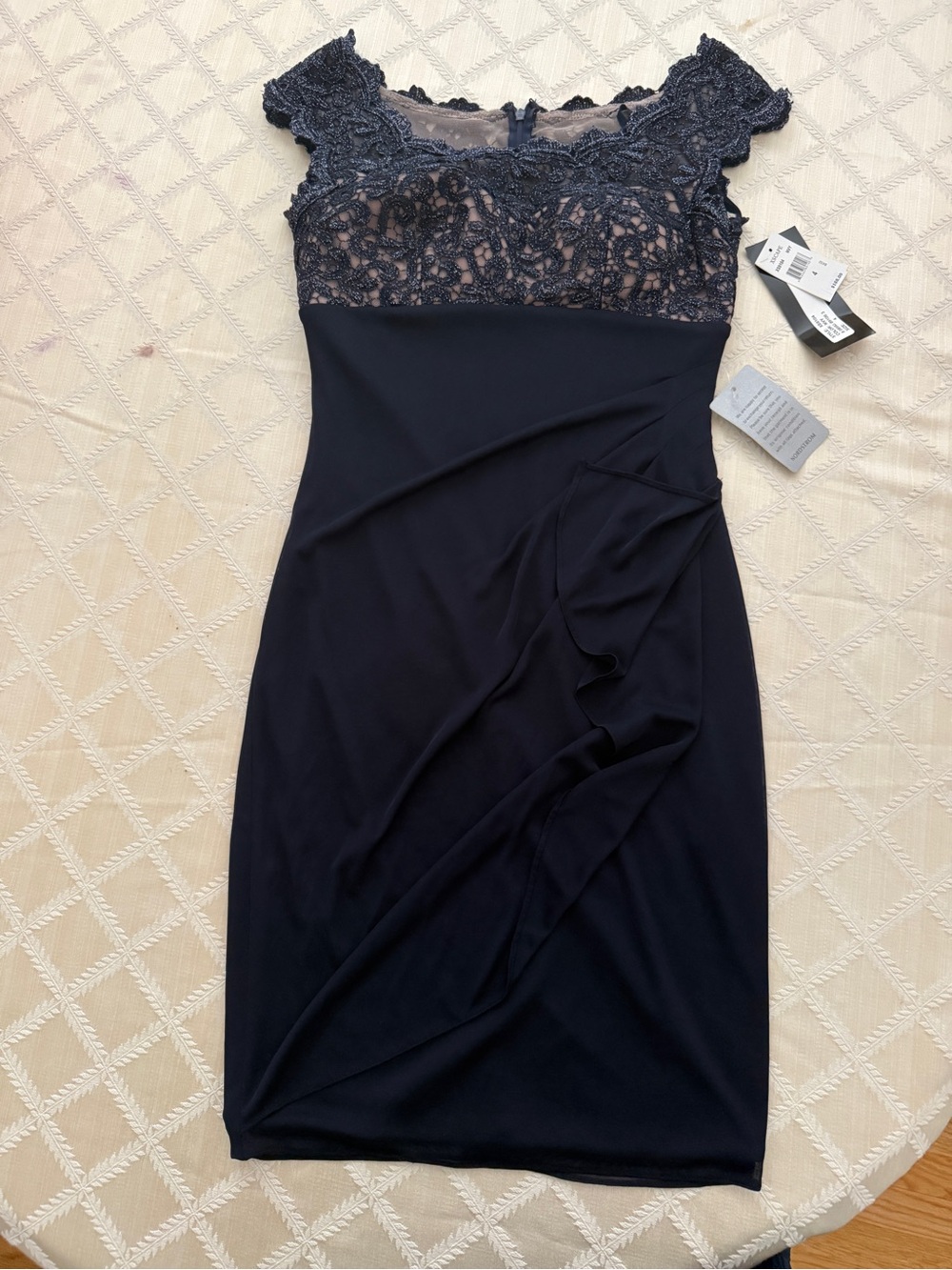 Xscape Elegant Lace Embellished Bodice Navy Sheath NWT Dress